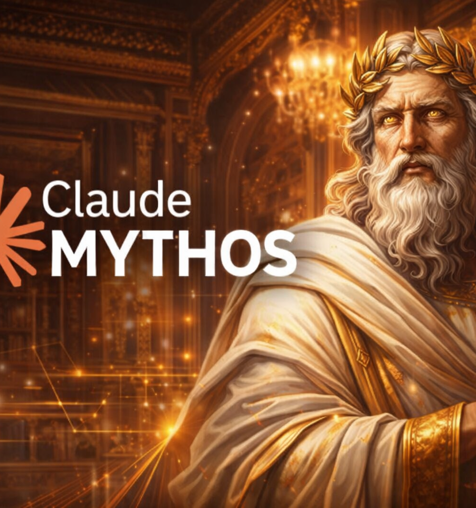 Illustration éditoriale en format paysage représentant le logo Claude à gauche et une figure inspirée d’un dieu mythologique à droite, dans un décor luxueux de bibliothèque dorée et d’architecture classique, pour symboliser la puissance, la rareté et la dimension stratégique de Claude Mythos.
