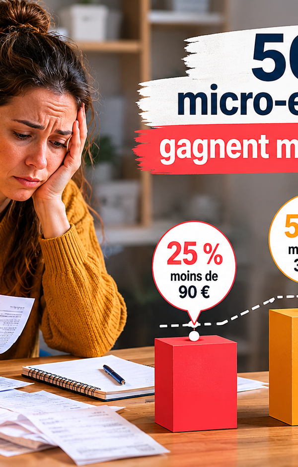 Une entrepreneure indépendante assise à son bureau consulte des factures et relevés de dépenses avec un air préoccupé. À droite de l’image, une infographie met en avant les faibles revenus des micro-entrepreneurs en France : 50 % gagnent moins de 340 € par mois, 25 % moins de 90 €, tandis que le revenu moyen atteint 670 € mensuels selon l’INSEE. Ambiance éditoriale professionnelle et réaliste.